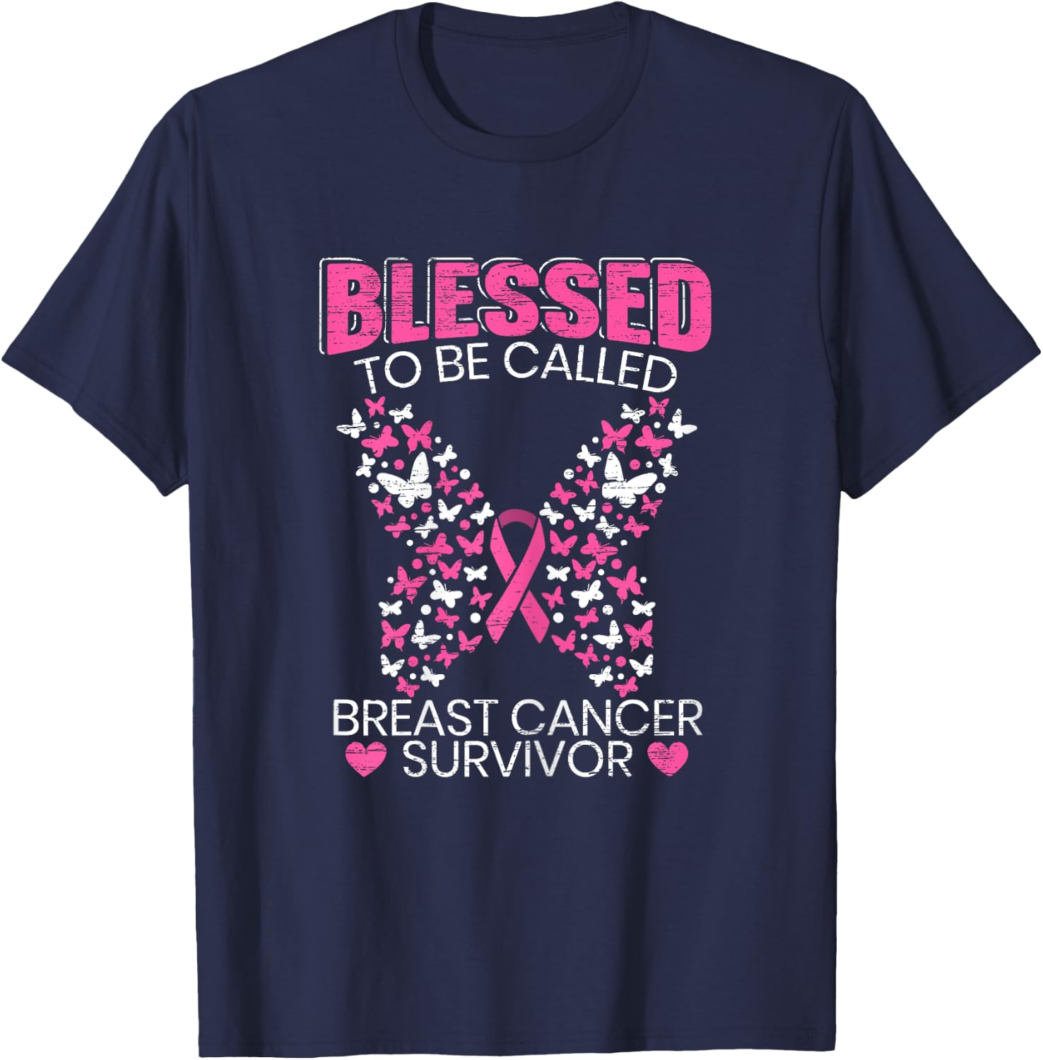 Blessed To Be Called Breast Cancer Survivor Pink Butterfly T-Shirt - T-Shirt | Navy