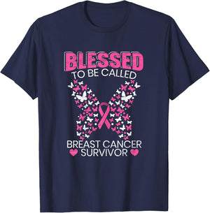 Blessed To Be Called Breast Cancer Survivor Pink Butterfly T-Shirt - T-Shirt | Navy
