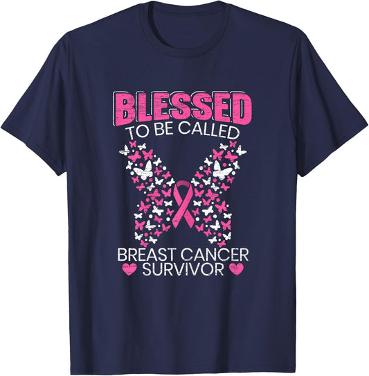 Blessed To Be Called Breast Cancer Survivor Pink Butterfly T-Shirt - T-Shirt | Navy