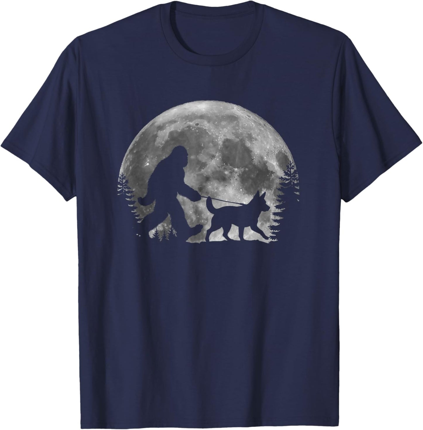 Bigfoot Walking a Dog Funny Heeler Lovers Moon Halloween T-Shirt - T-Shirt | Navy