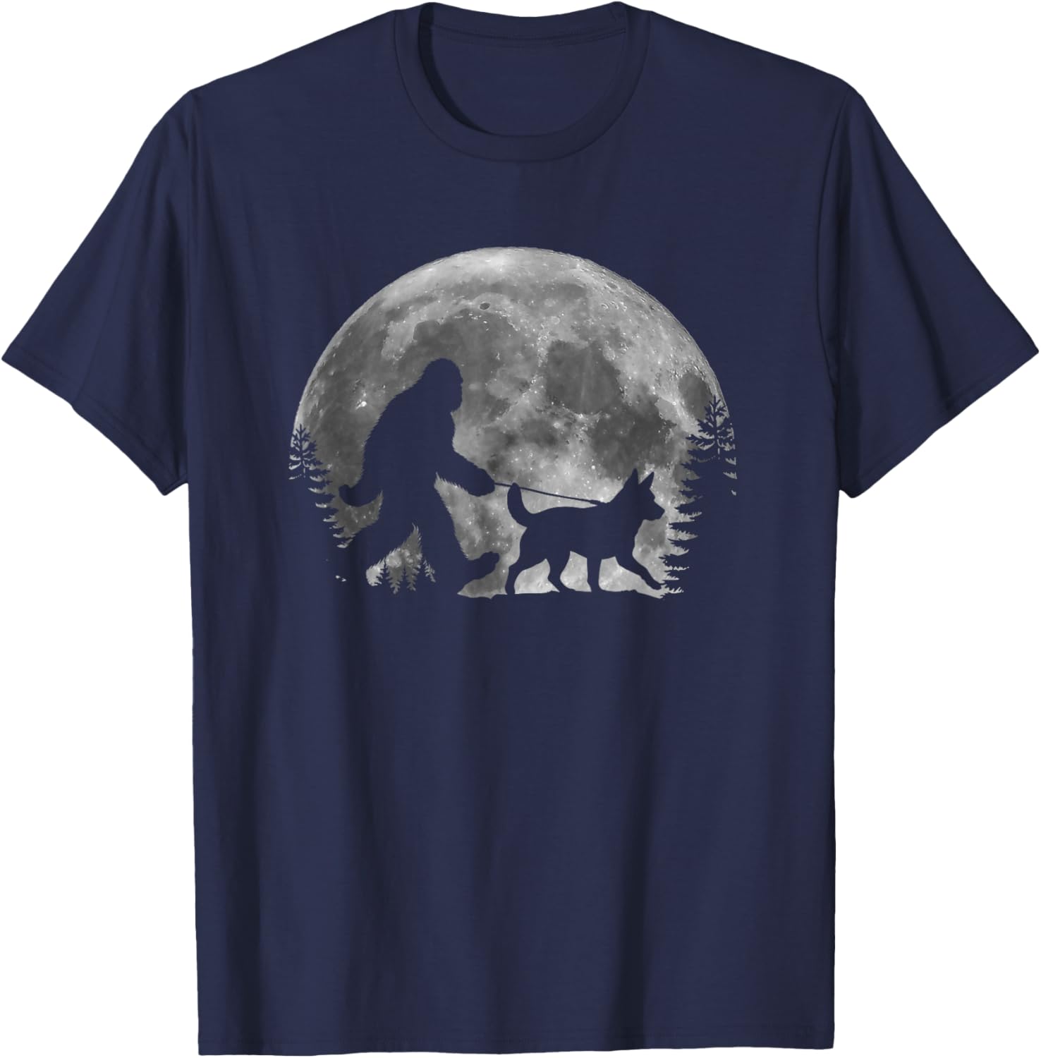 Bigfoot Walking a Dog Funny Heeler Lovers Moon Halloween T-Shirt - T-Shirt | Navy