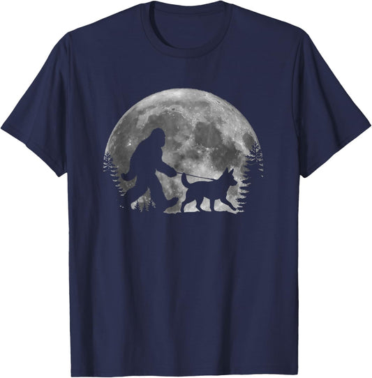 Bigfoot Walking a Dog Funny Heeler Lovers Moon Halloween T-Shirt - T-Shirt | Navy