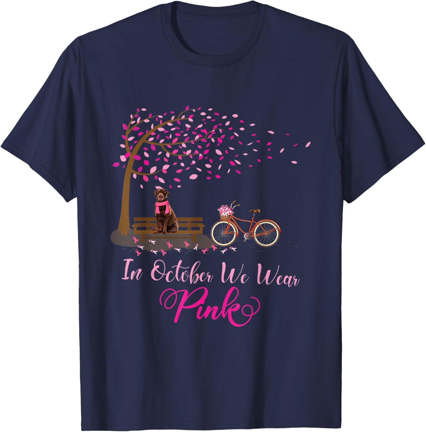 In October We Wear Pink Labrador Fall Leaves Breast Cancer T-Shirt - T-Shirt | Navy
