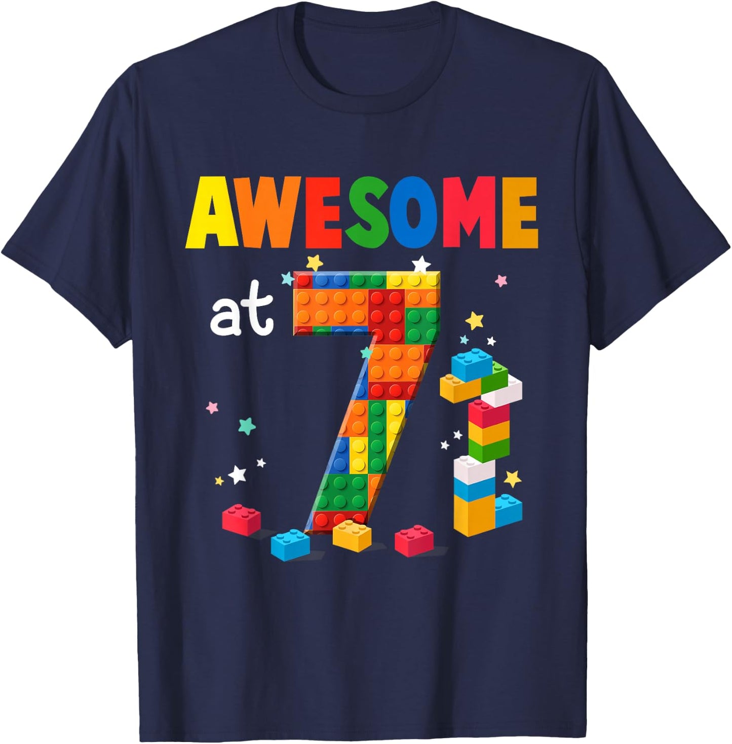 Building Blocks Brick 7th Birthday Shirt 7 Year Old Boy Gift T-Shirt - T-Shirt | Navy