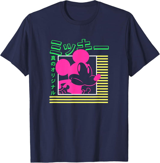 Disney Mickey Mouse Vintage Kanji Neon Portrait T-Shirt - T-Shirt | Navy