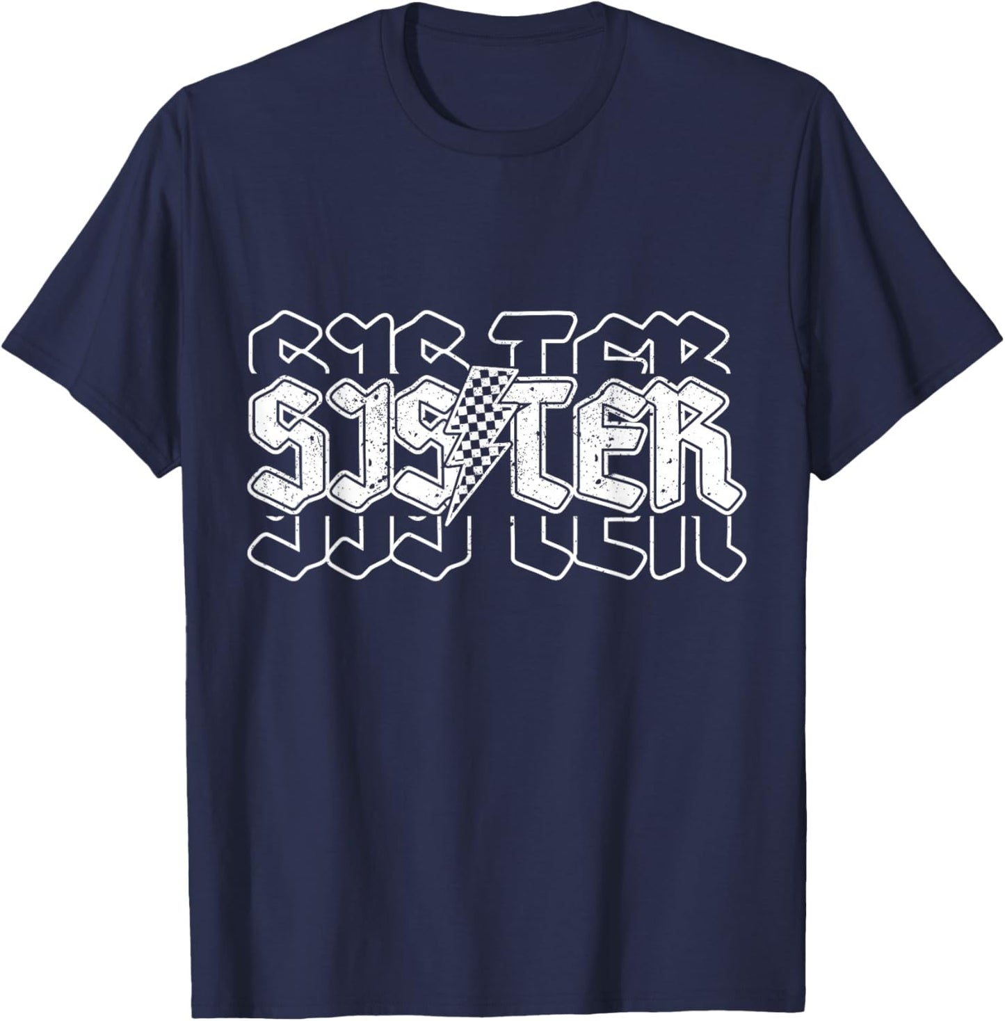 Checkered Sister Lightning Bolt Grandparents Day or Birthday T-Shirt - T-Shirt | Navy