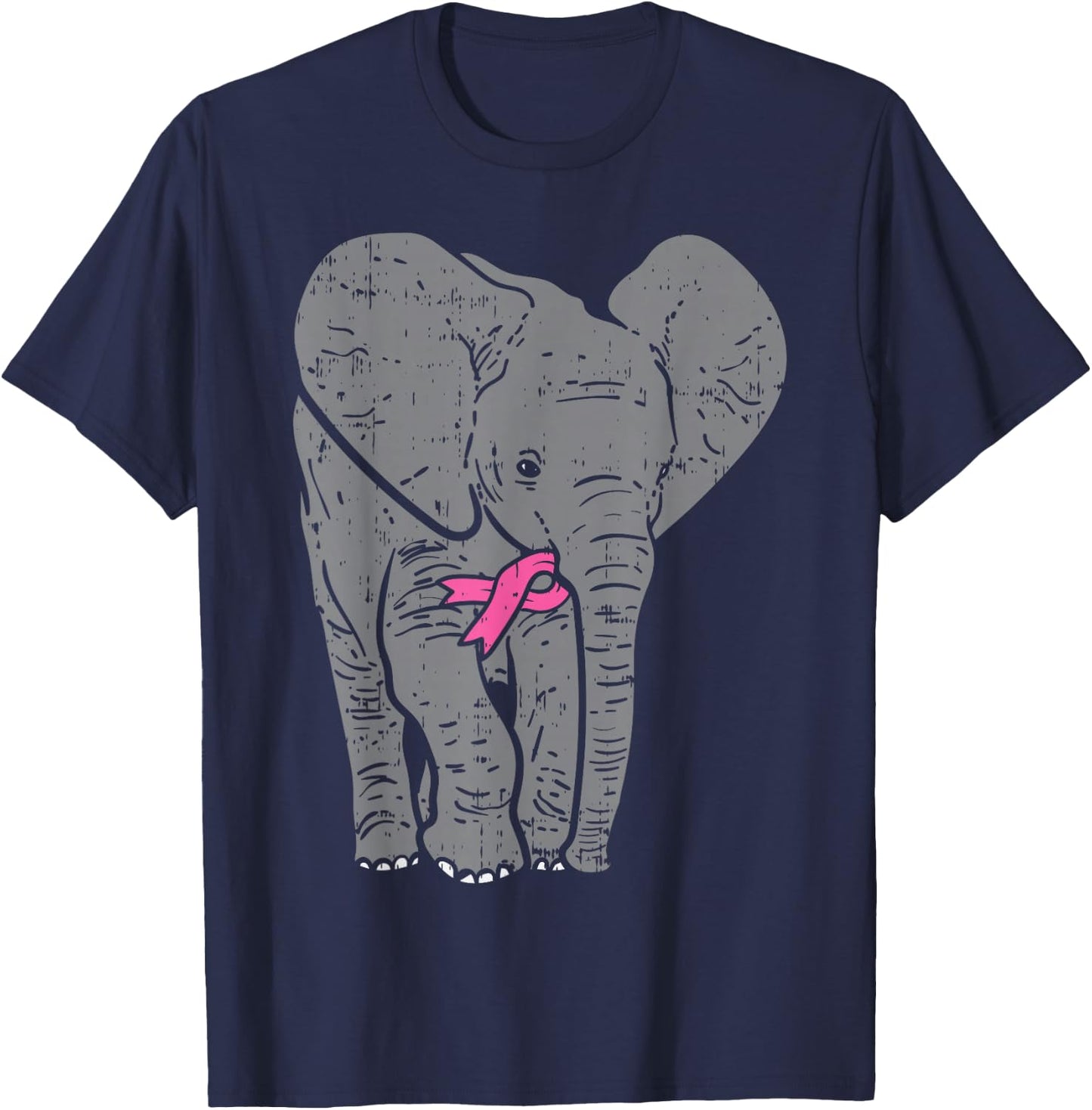 Elephant Pink Ribbon Breast Cancer Awareness Support Gift T-Shirt - T-Shirt | Navy