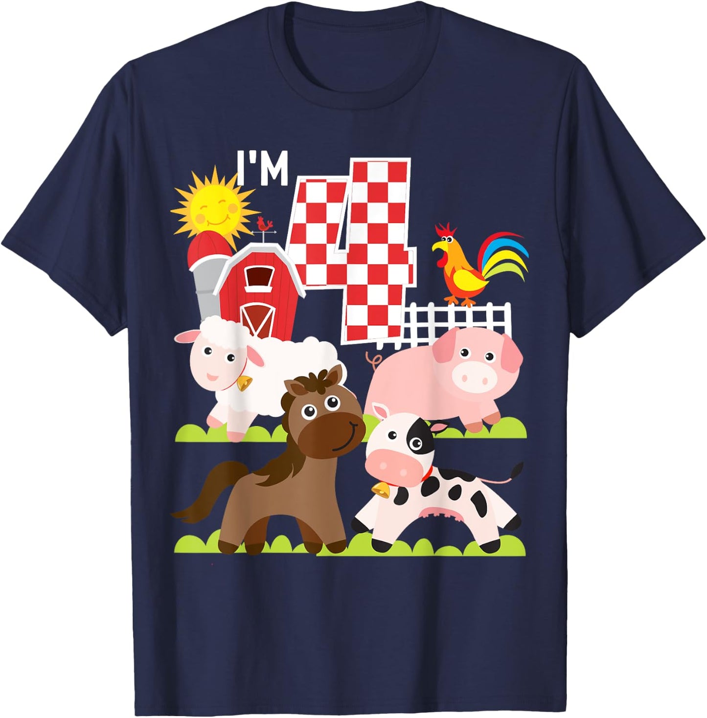 Farm Animals Barnyard 4th Birthday I'm 4 Year Old Kid T-Shirt - T-Shirt | Navy