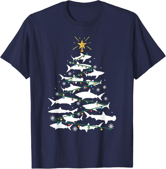 Shark Xmas Tree Holiday Gift Fishing Lover Funny Christmas T-Shirt - T-Shirt | Navy