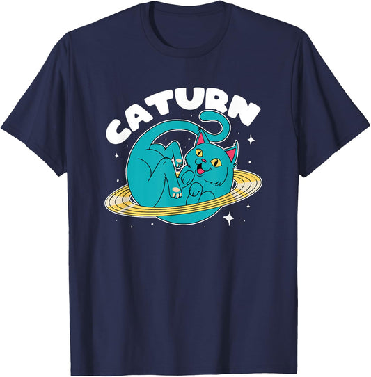 Astronaut Cat Planet Saturn Caturn Astronomy Lover Cat Puns Men Women Girls Kids T-Shirt - T-Shirt | Navy