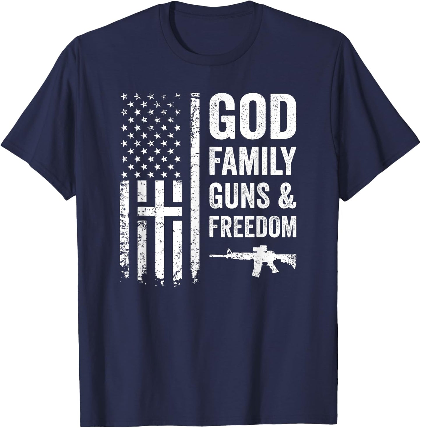 GOD FAMILY GUNS & FREEDOM - Pro God Pro Gun USA Cross Flag T-Shirt - T-Shirt | Navy