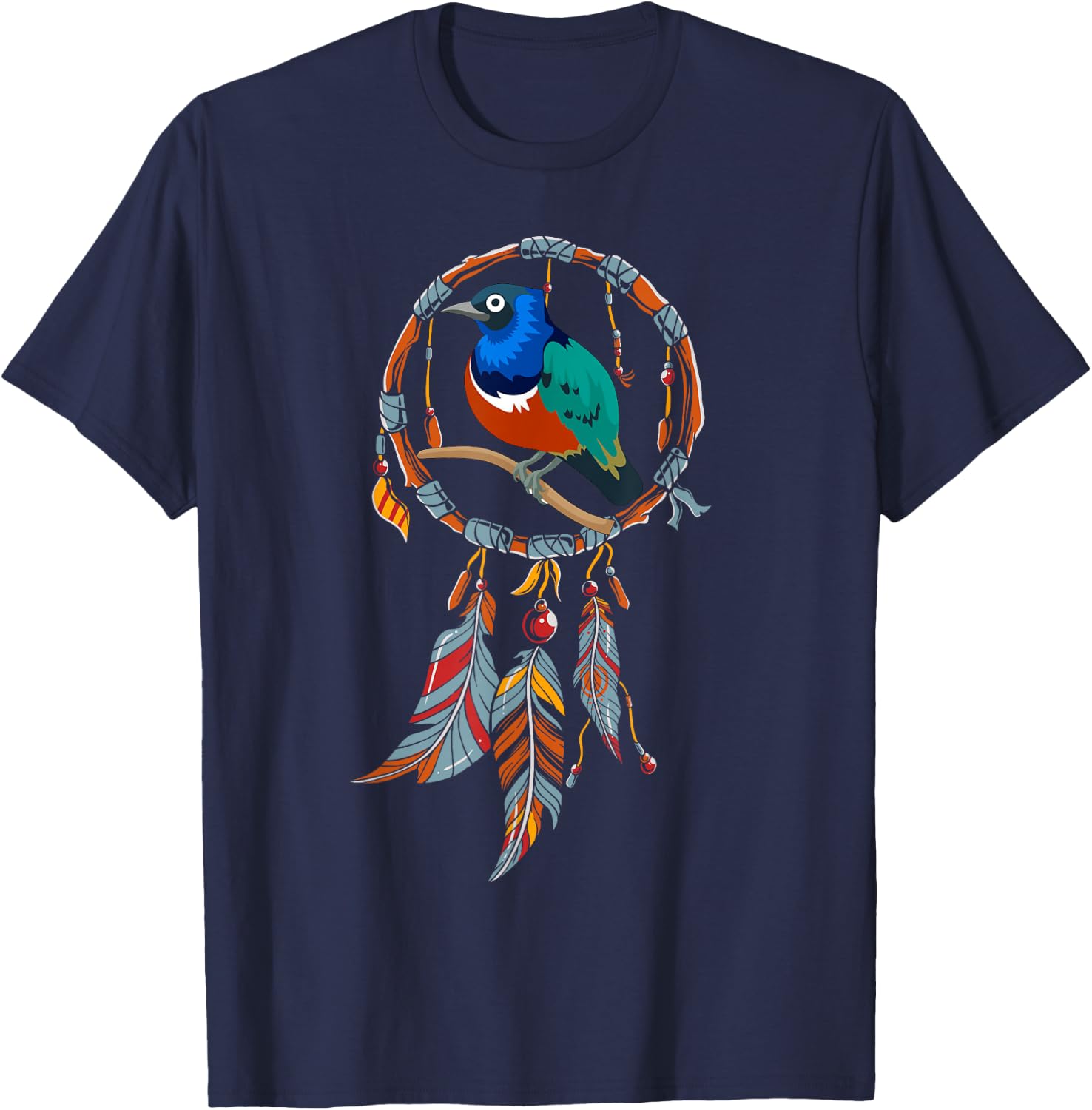 Colourful Feather Hippie Esoteric Gift Bird Dream Catcher T-Shirt - T-Shirt | Navy