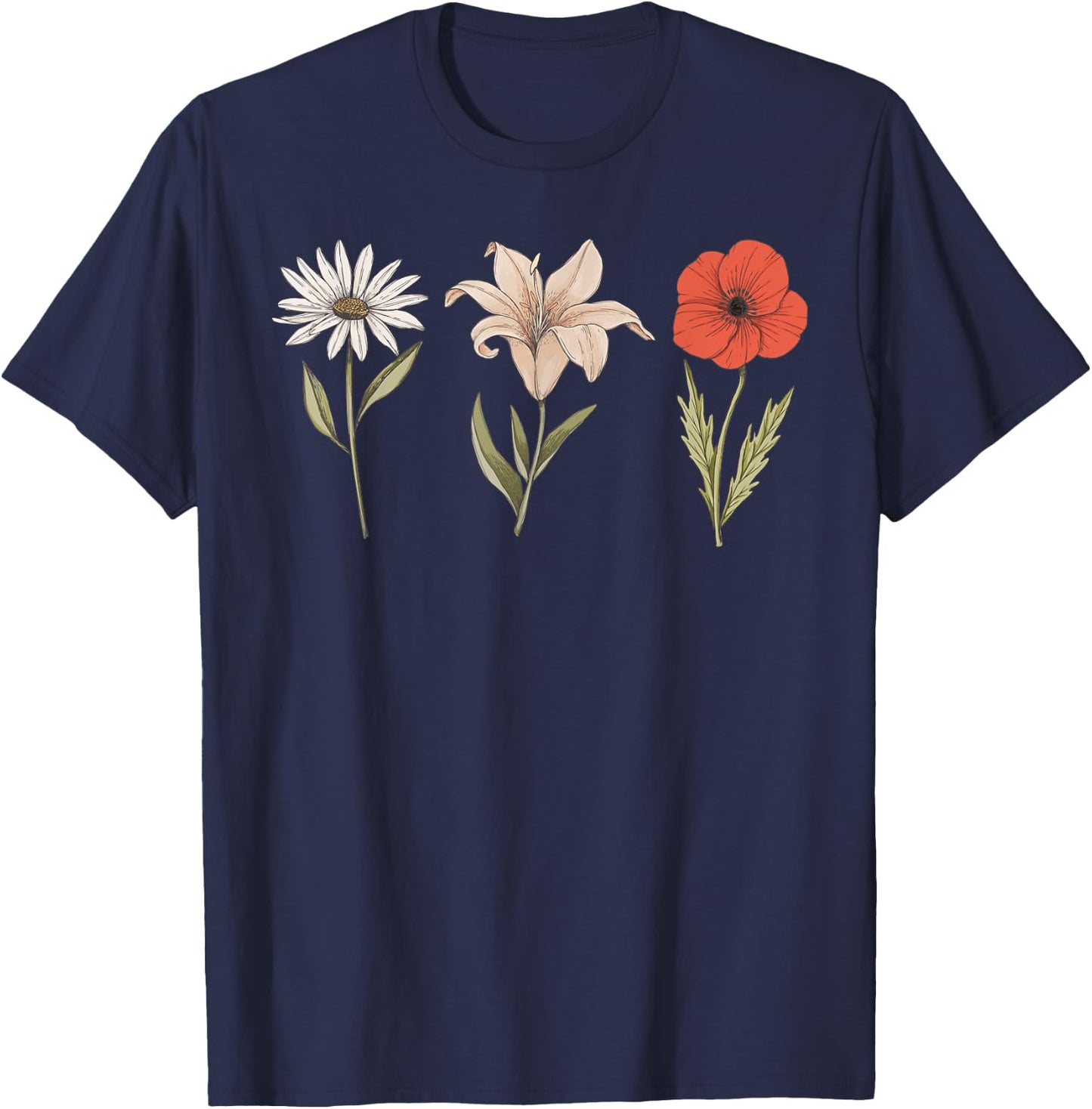 Vintage Flower Drawing Lily Poppy Daisy T-Shirt - T-Shirt | Navy