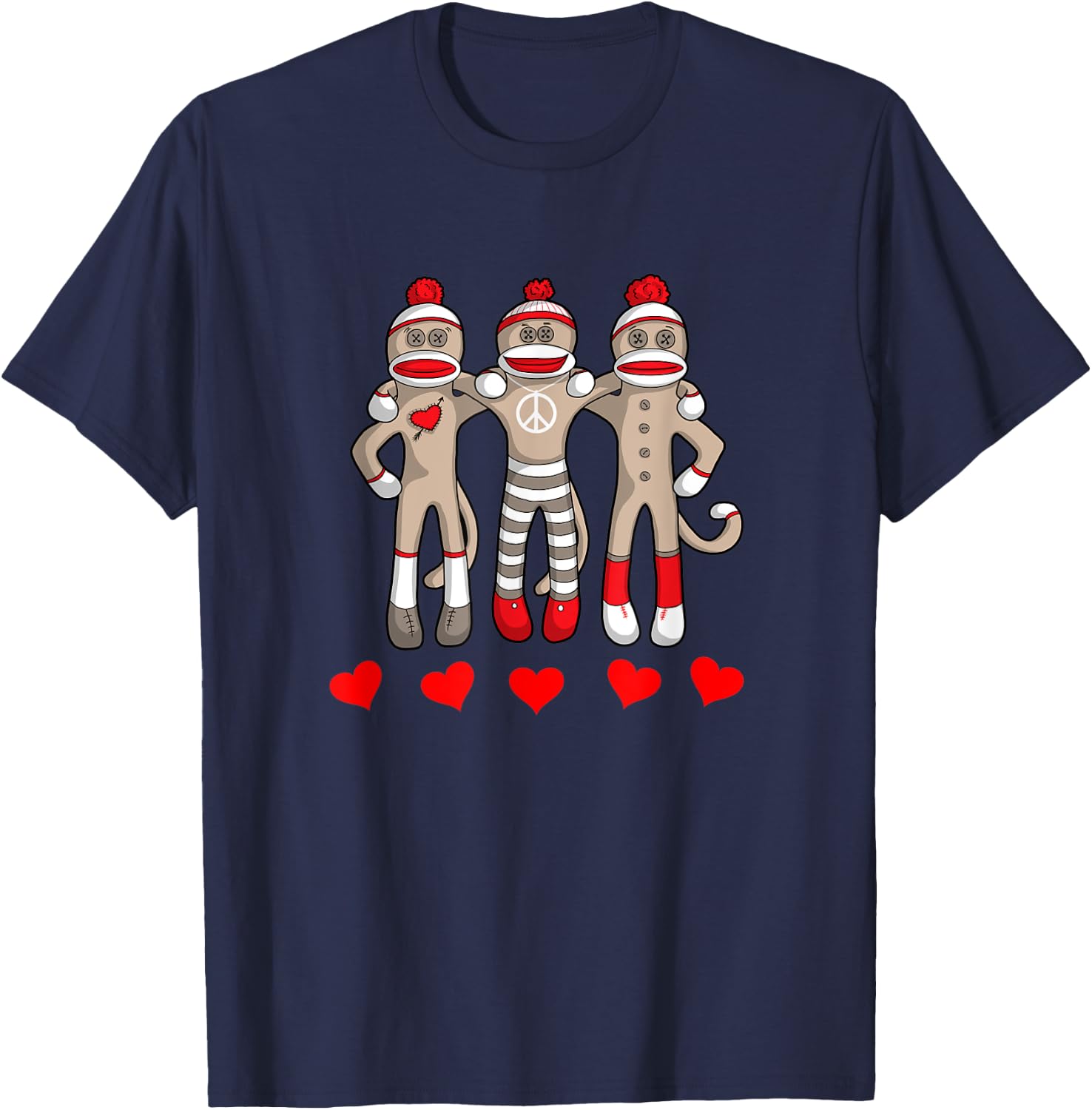 Sock Monkey Happy Valentine's Day Heart Peace Love Friends T-Shirt - T-Shirt | Navy