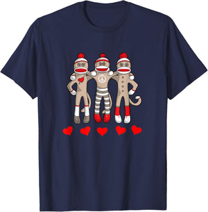 Sock Monkey Happy Valentine's Day Heart Peace Love Friends T-Shirt - T-Shirt | Navy