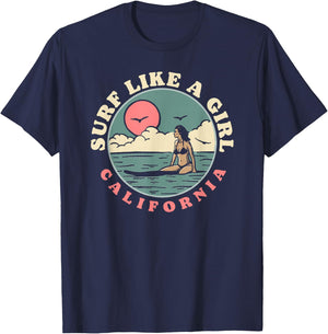 Surf Like A Girl Vintage 80s Beach & Surfing Retro Graphic T-Shirt - T-Shirt | Navy