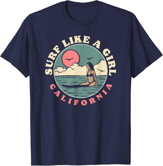 Surf Like A Girl Vintage 80s Beach & Surfing Retro Graphic T-Shirt - T-Shirt | Navy