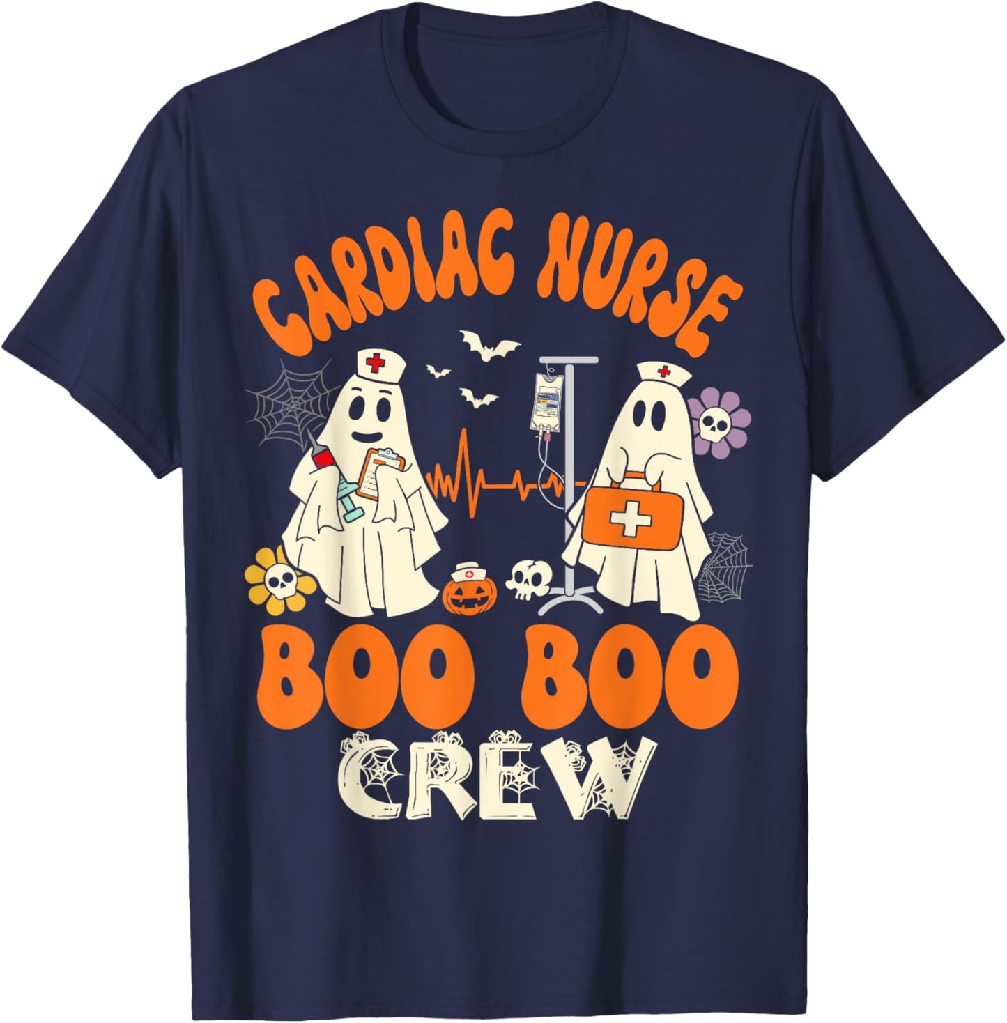 Cardiac Boo Crew Funny Cardiology Nurse Halloween T-Shirt - T-Shirt | Navy