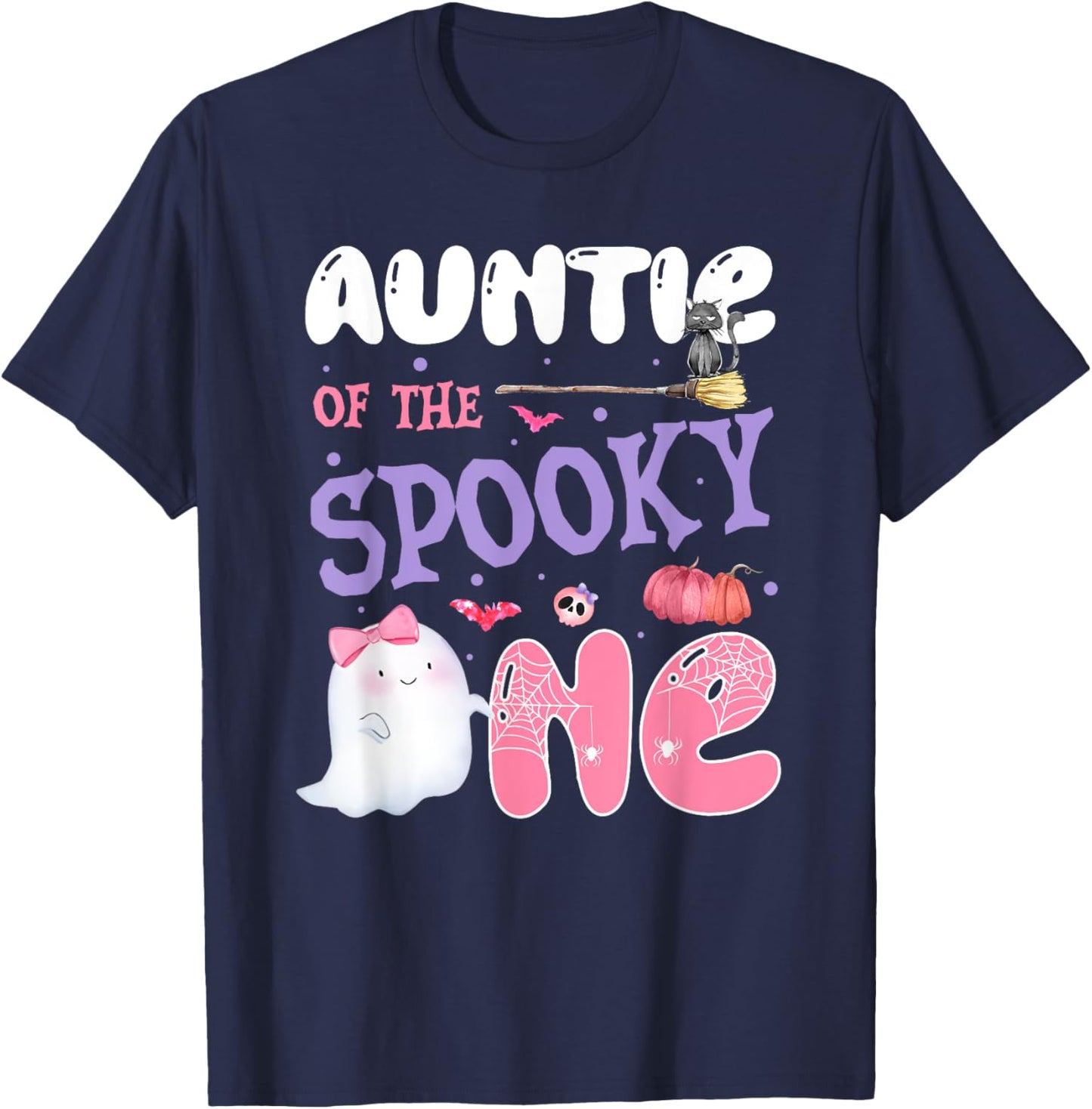 Auntie Of The Spooky One 1st Birthday Halloween Pink Ghost T-Shirt - T-Shirt | Navy