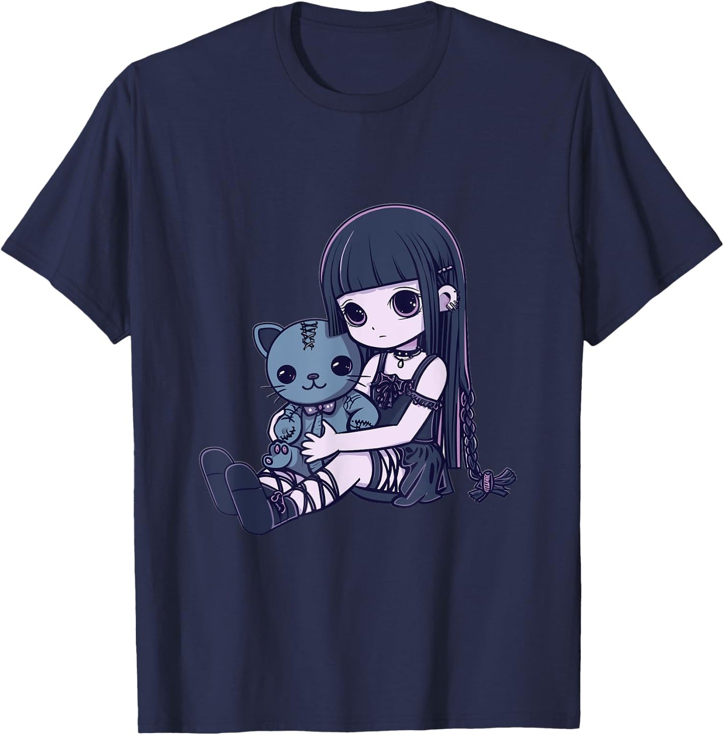 Goth Pastel Kawaii Anime Girl with Voodoo doll Teddy Cat T-Shirt - T-Shirt | Navy
