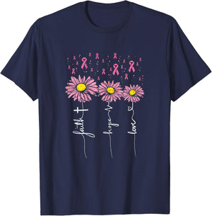 Faith Hope Love Flowers Breast Cancer Awareness Support Gift T-Shirt - T-Shirt | Navy