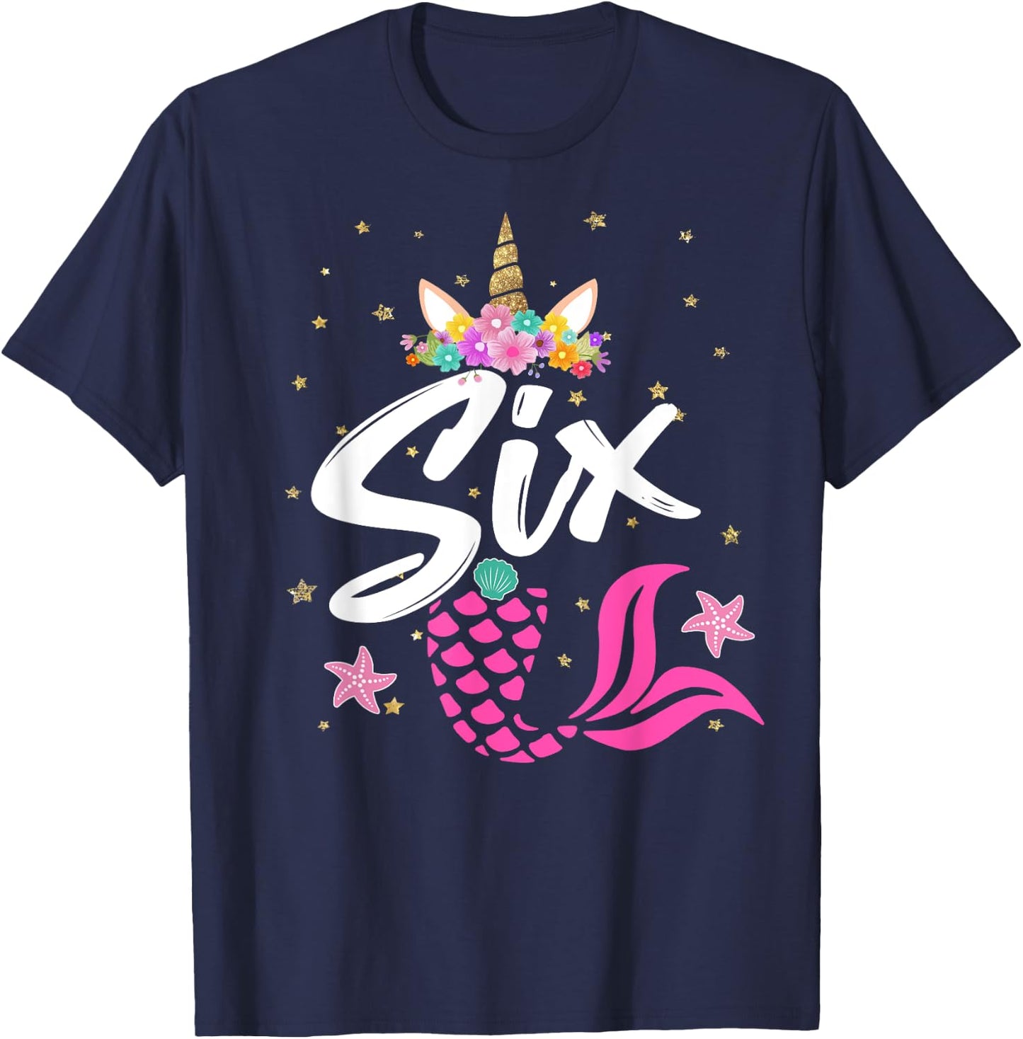 6th Birthday Girl Unicorn Shirt Mermaid Tail 6 Years Old T-Shirt - T-Shirt | Navy