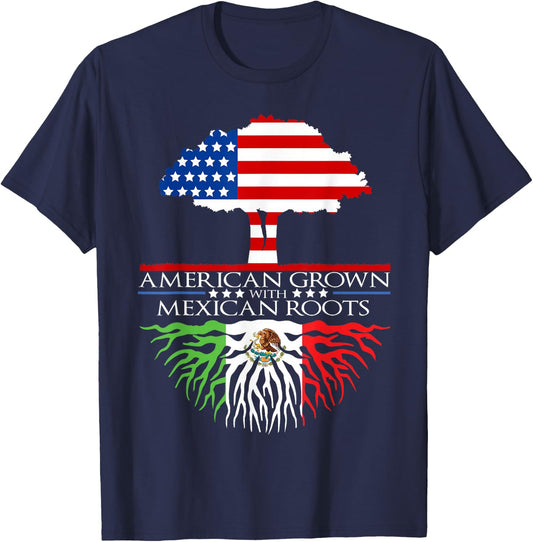 Mexican Roots American Grown Tree Flag USA Mexico T-Shirt - T-Shirt | Navy