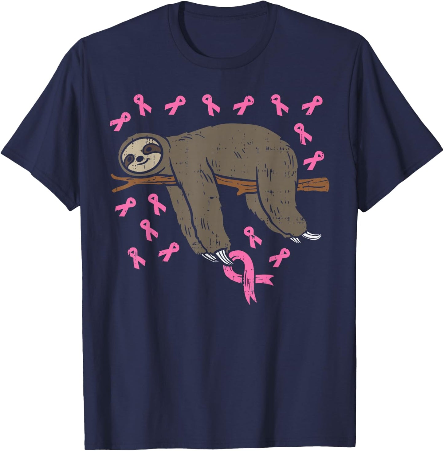 Lazy Sloth Pink Ribbon Breast Cancer Awareness Support Gift T-Shirt - T-Shirt | Navy