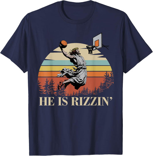He Is Rizzin Jesus Playing Basketball Funny Easter Day T-Shirt - T-Shirt | Navy