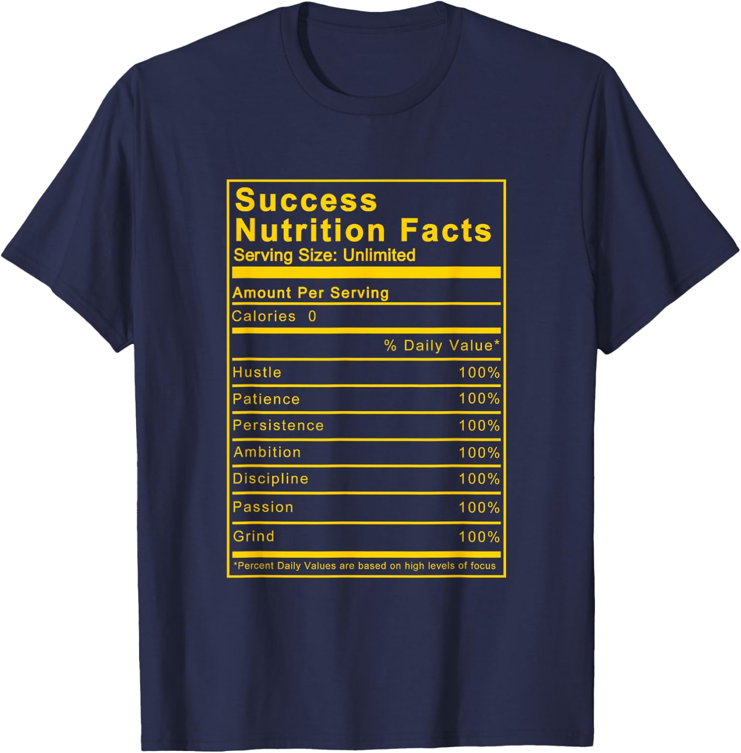 University Gold Success Nutrition Facts Label Black Sneakers T-Shirt - T-Shirt | Navy