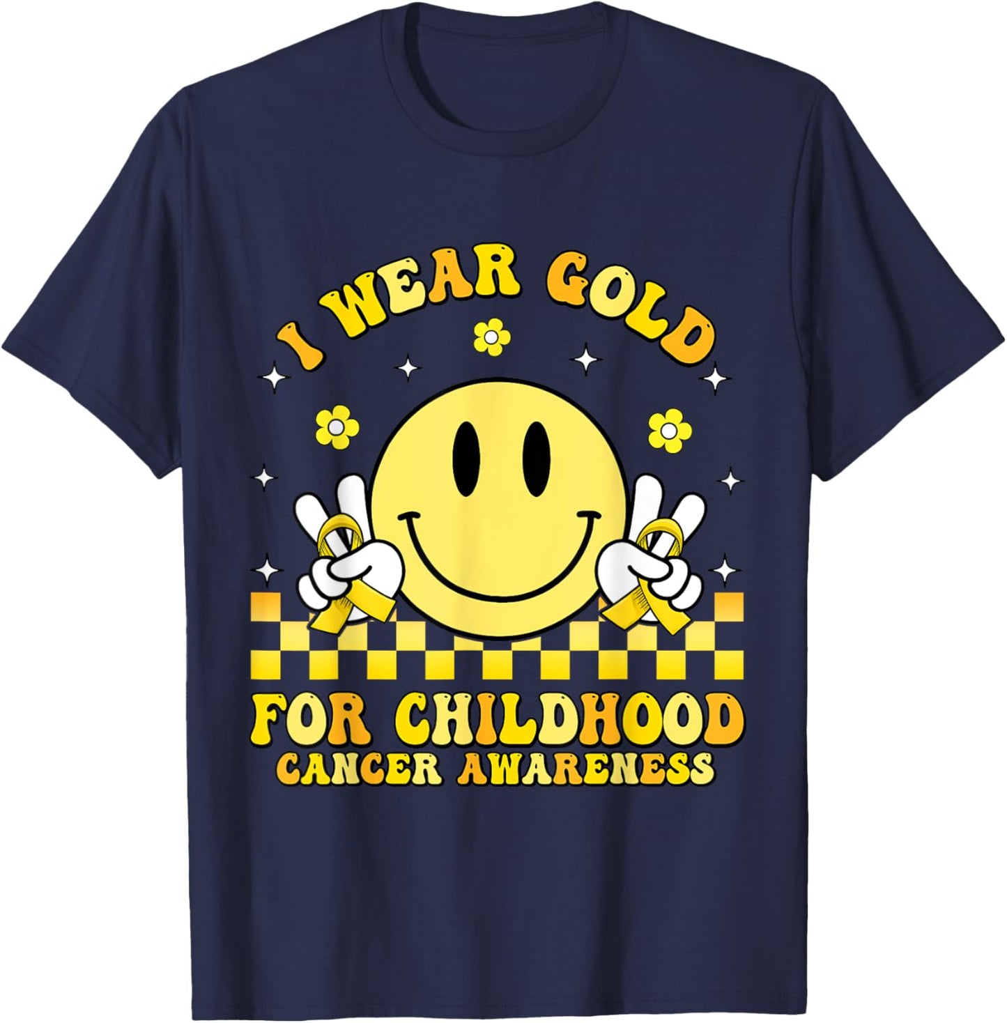 Groovy Retro Smile Face I Wear Gold For Childhood Cancer T-Shirt - T-Shirt | Navy