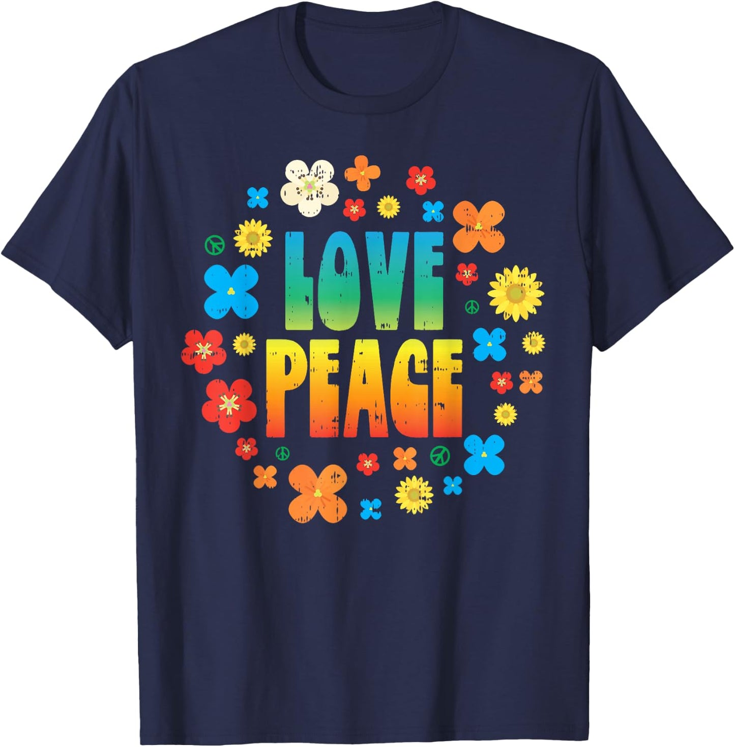 Love Peace Flowers Vintage 80s Floral Hippie Hippi Hippy T-Shirt - T-Shirt | Navy
