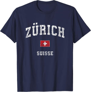 Zurich Switzerland Suisse Vintage Athletic Sports Design T-Shirt - T-Shirt | Navy