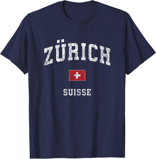 Zurich Switzerland Suisse Vintage Athletic Sports Design T-Shirt - T-Shirt | Navy