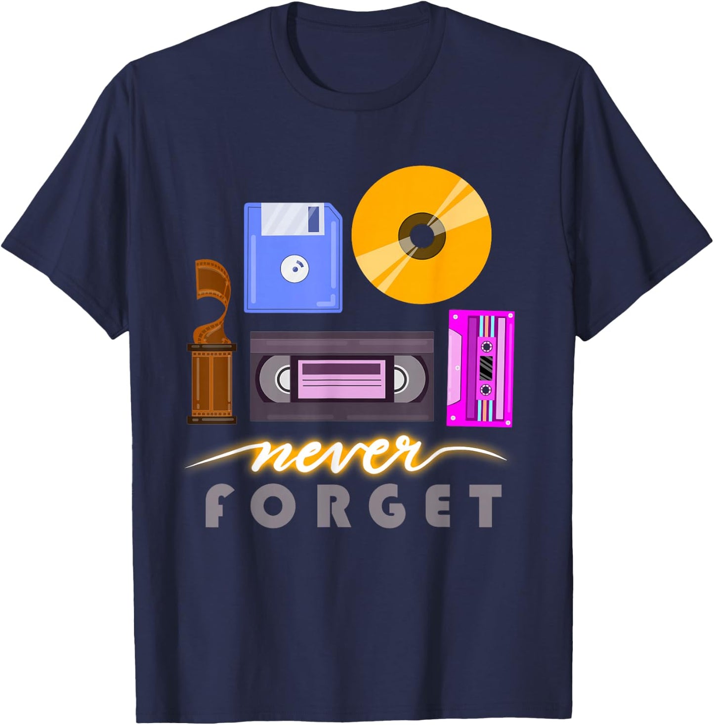A Good Apparel Co. Never Forget Retro Vintage Cassette Tape Floppy Disk VHS CD -Adults T-Shirt - T-Shirt | Navy