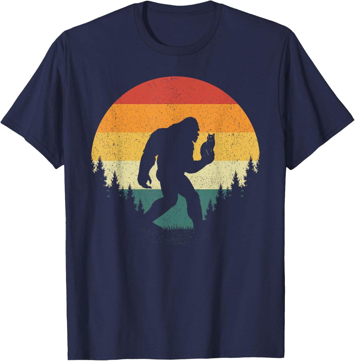 Bigfoot Holding Cat Funny Sasquatch Retro Vintage Sunset 80s Men Women Kids T-Shirt - T-Shirt | Navy