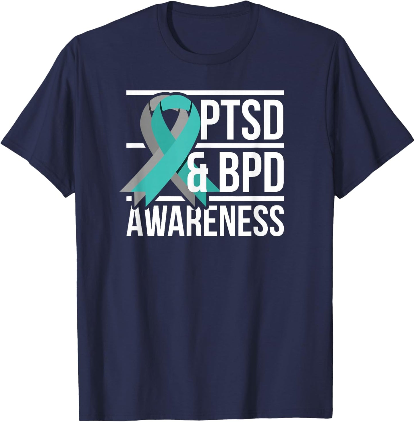 PTSD & BPD Awareness, Teal and Grey Ribbon T-Shirt - T-Shirt | Navy