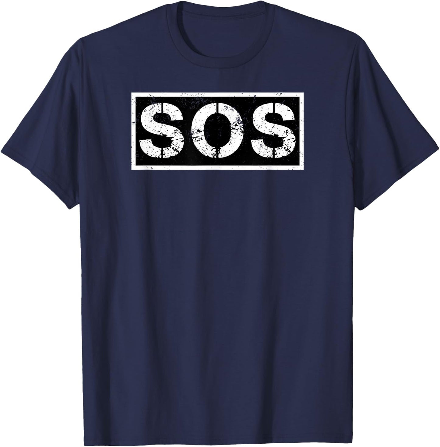 SOS – Distressed Grünge, black and white rectangular design T-Shirt - T-Shirt | Navy