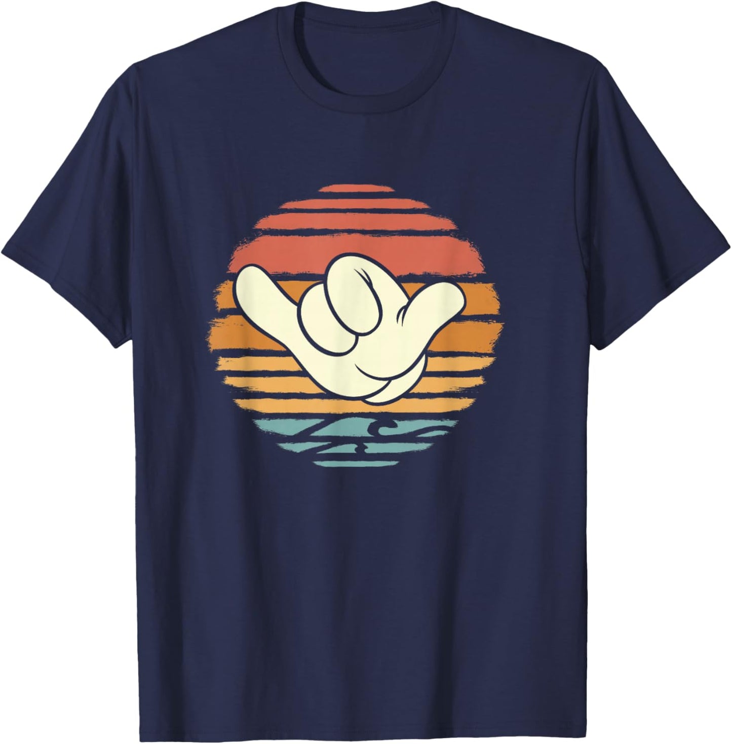 Disney Mickey and Friends Hand Shaka Sign Sunset Vintage T-Shirt - T-Shirt | Navy
