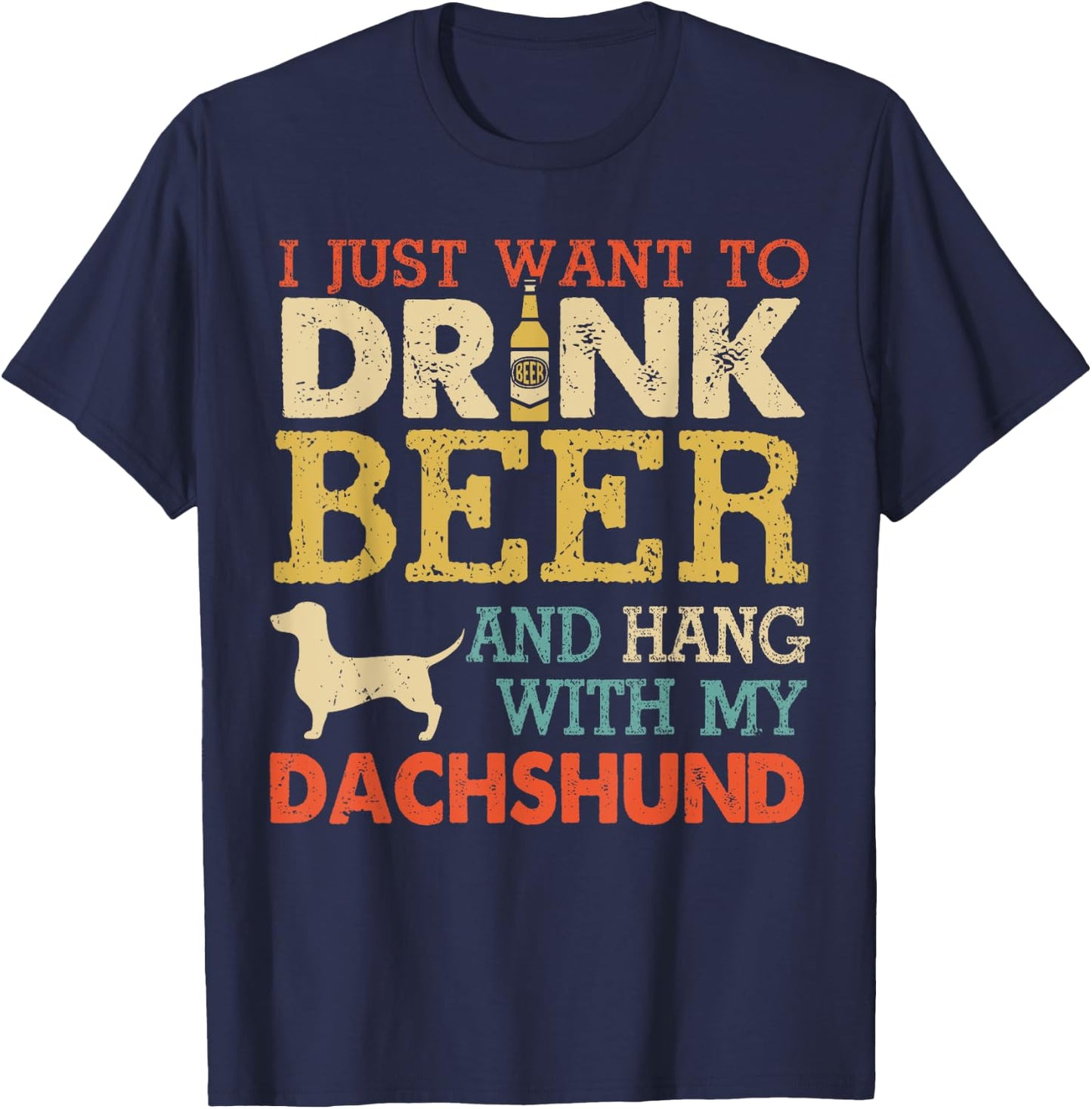 Dachshund Dad Drink Beer Hang With Dog Funny Men Vintage T-Shirt - T-Shirt | Navy