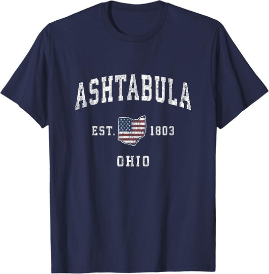 Ashtabula Ohio OH Vintage American Flag Sports Design T-Shirt - T-Shirt | Navy