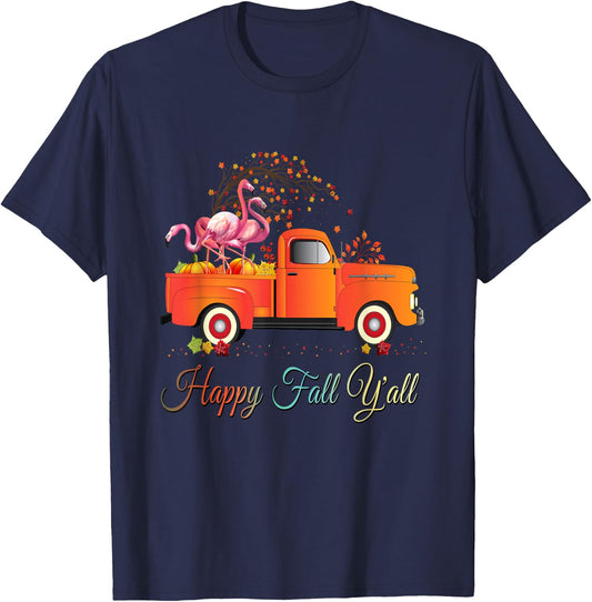Happy Fall Yall Shirt Pumpkin Truck Flamingo Lovers T-Shirt - T-Shirt | Navy