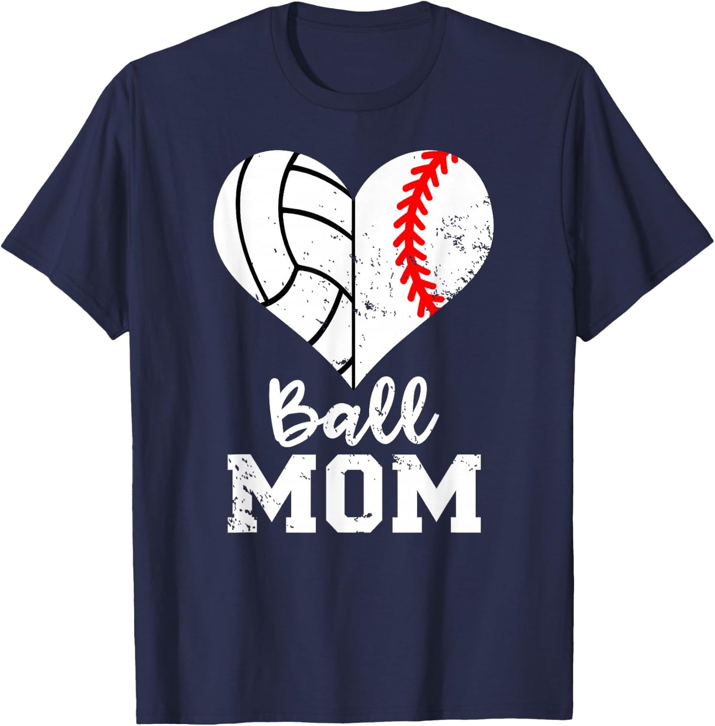 Ball Mom Heart Funny Baseball Volleyball Mom T-Shirt - T-Shirt | Navy