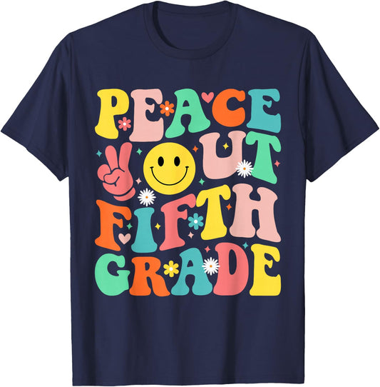 Peace Out Fifth Grade Groovy 5th Grade Last day of school T-Shirt - T-Shirt | Navy