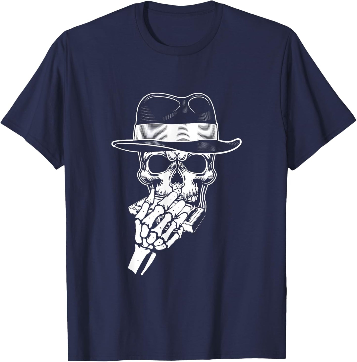 Skeleton Harmonica Player Blues Harmonica Musician T-Shirt - T-Shirt | Navy