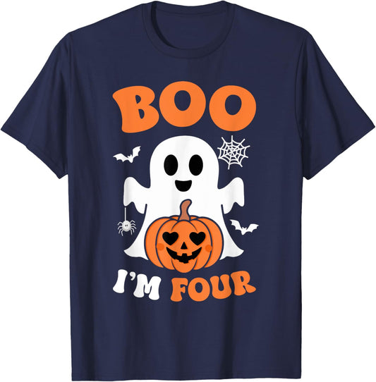 Ghost Boo I'm Four Year 4th Birthday Boys Halloween Groovy T-Shirt - T-Shirt | Navy