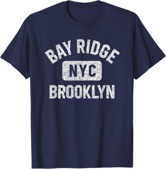 Bay Ridge Brooklyn NYC Gym Style Distressed White Print T-Shirt - T-Shirt | Navy