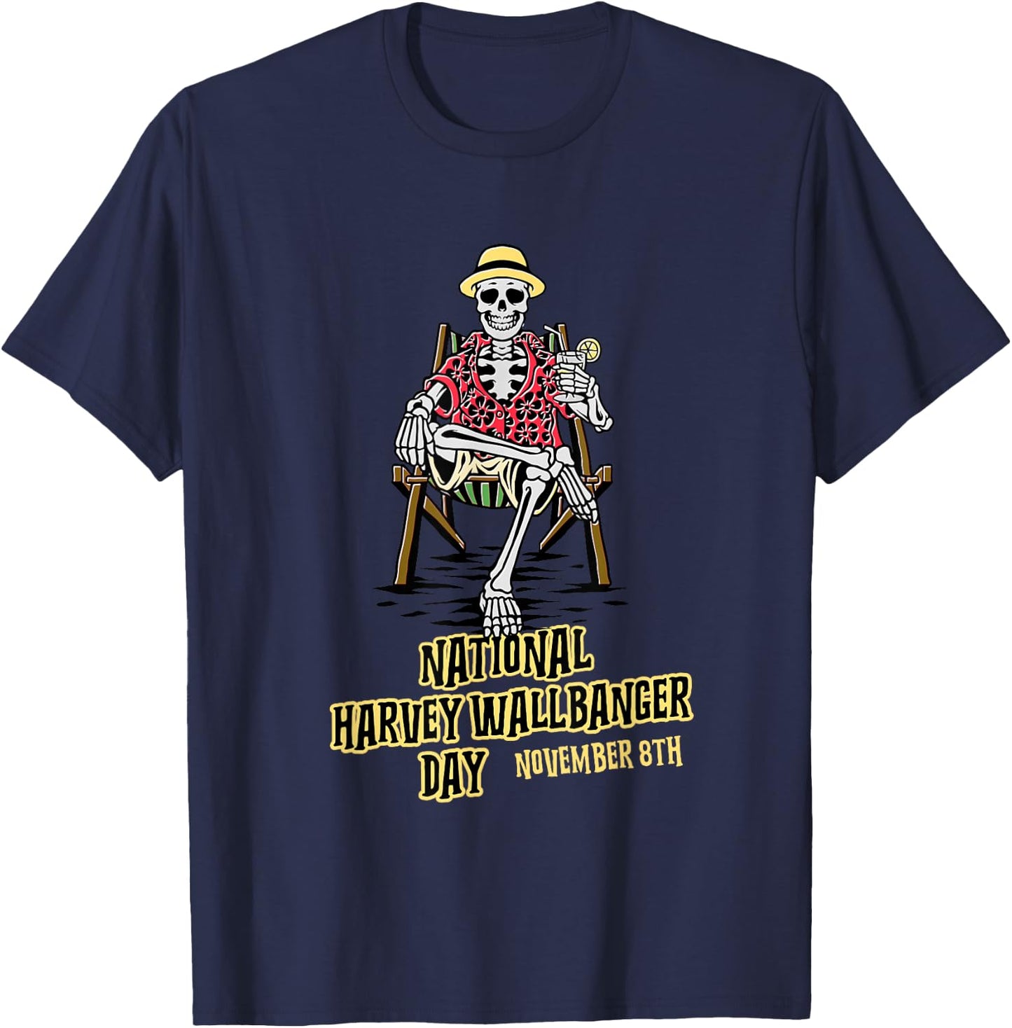 National Harvey Wallbanger Day | Drinking Beach Skeleton T-Shirt - T-Shirt | Navy