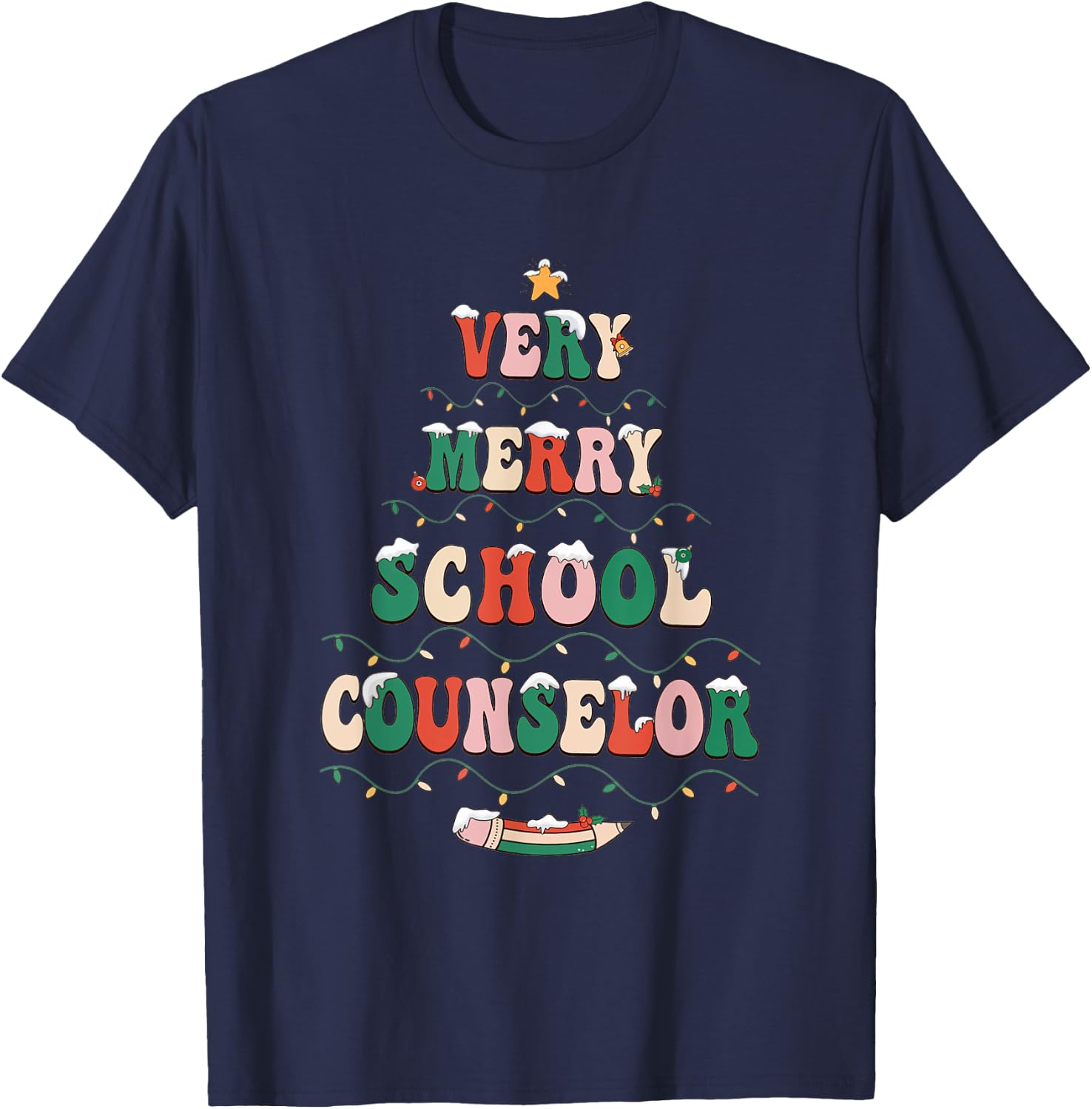 Groovy Very Merry School Counselor Christmas School Women T-Shirt - T-Shirt | Navy