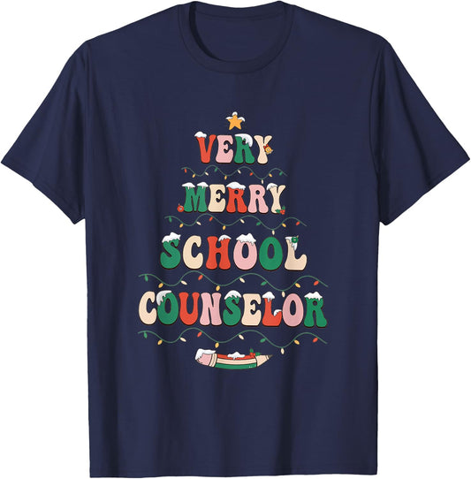 Groovy Very Merry School Counselor Christmas School Women T-Shirt - T-Shirt | Navy